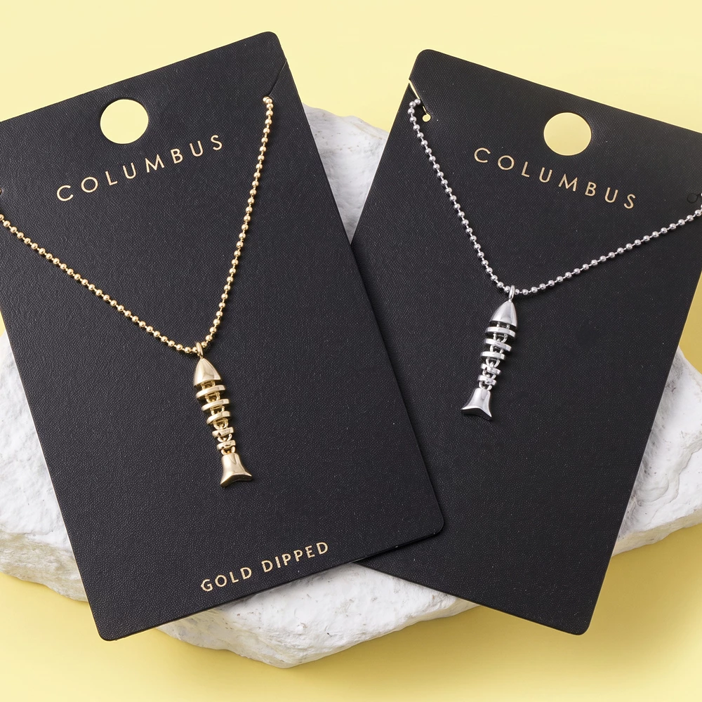 Gold Dipped Fish Bone Pendant Ball Chain Necklace