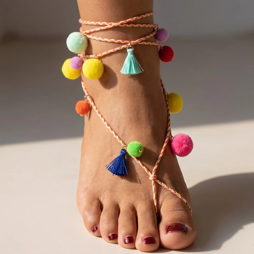 Braided Cord Pom Pom And Tassel Wrap Anklet
