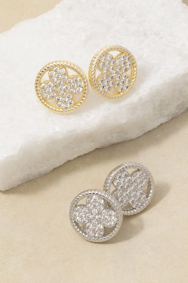 Cz Clover Rope Circle Stud Earrings