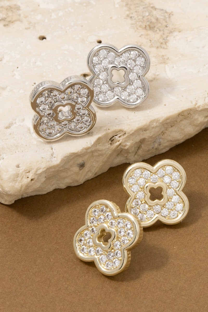 Gold Dipped Cz Pave Cut Out Clover Stud Earrings
