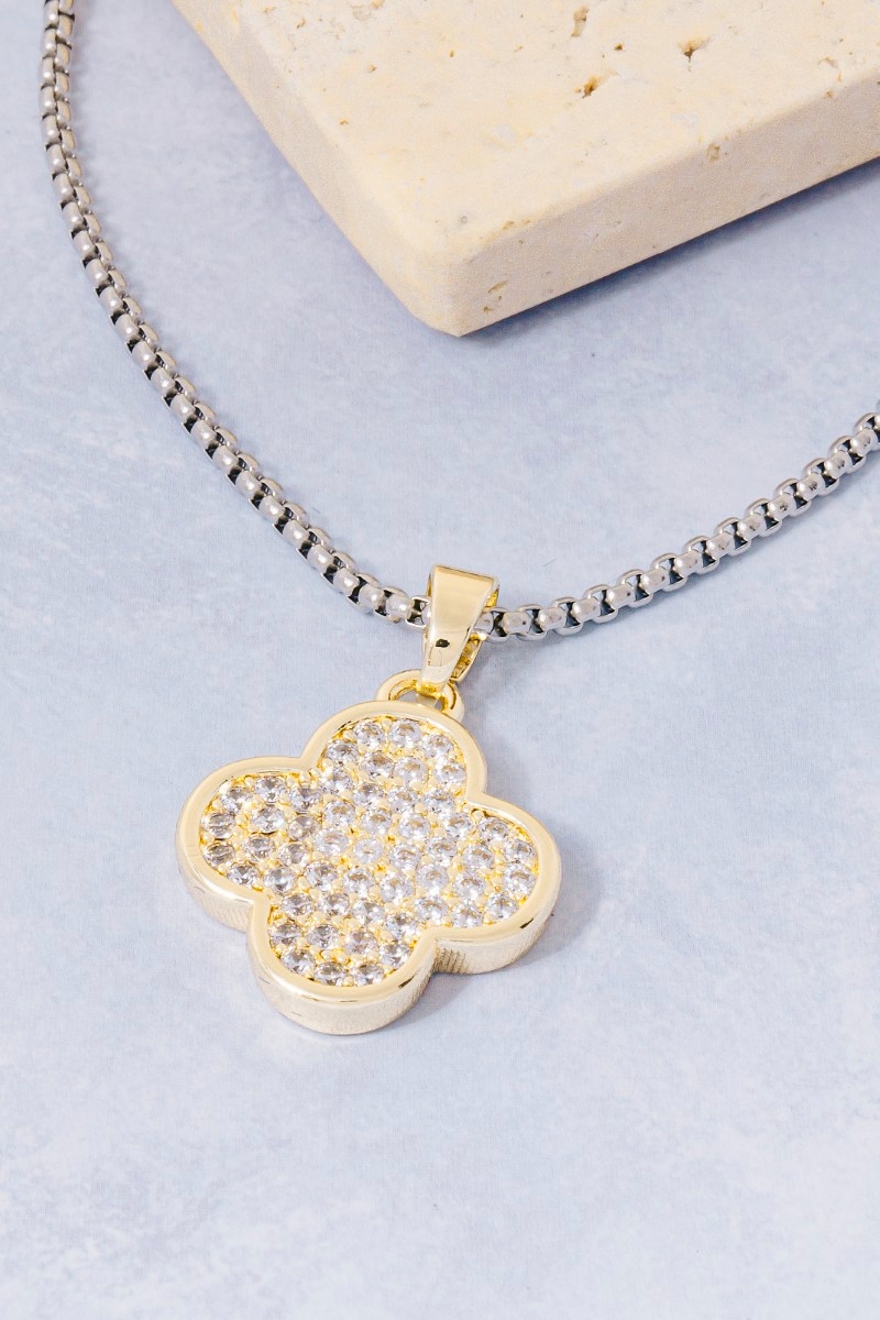 Gold Dipped Two Tone Cz Pave Clover Pendant Necklace