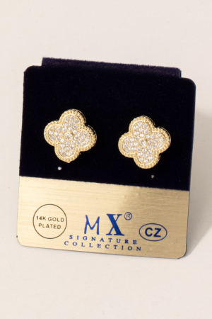 Gold Dipped Cz Pave Intricate Clover Stud Earrings