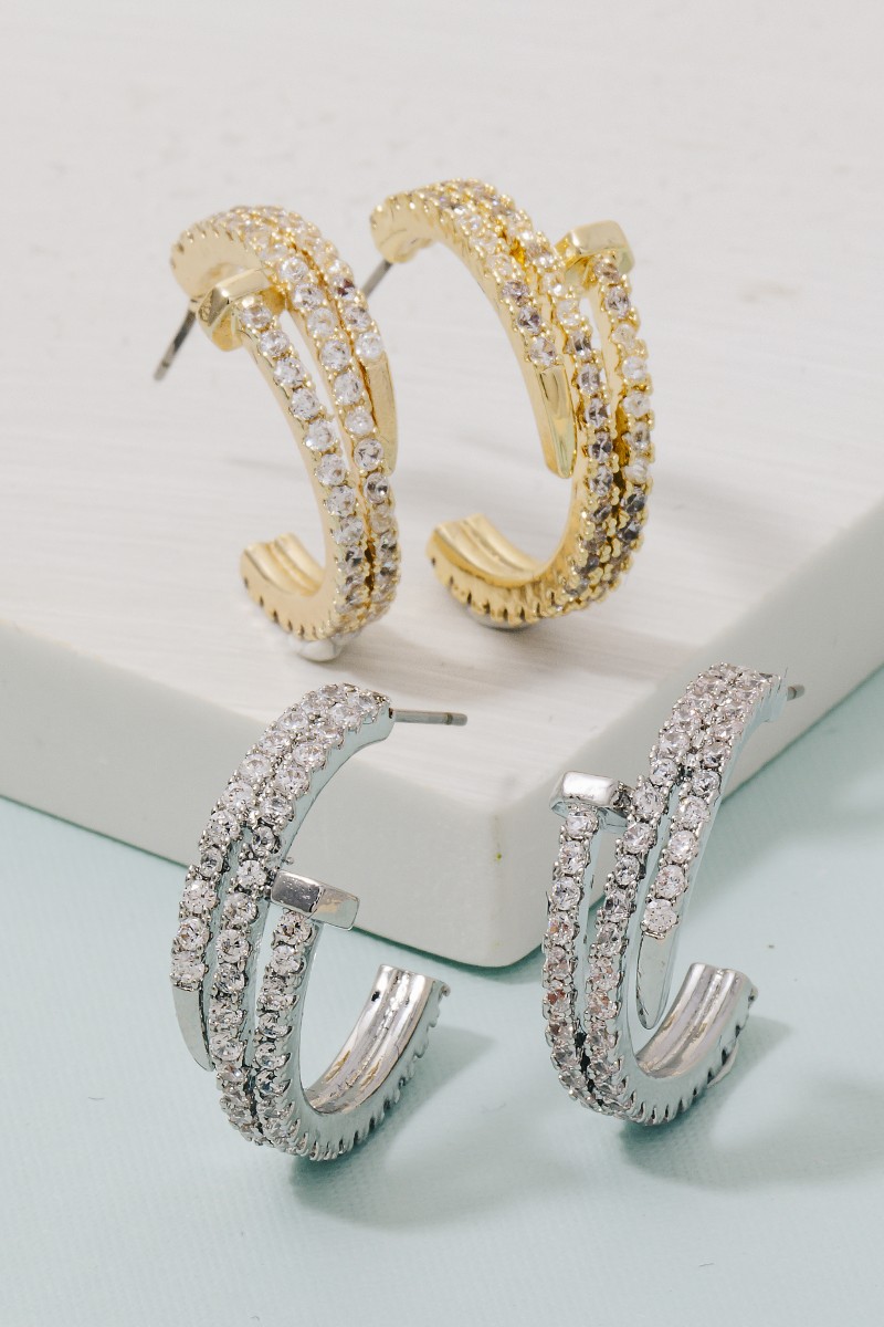 Gold Dipped Cz Pave Layered Nail Hoop Earrings