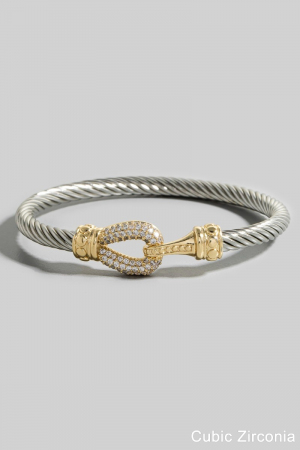 Gold Dipped Two Tone Cz Pave Hook Bangle Bracelet