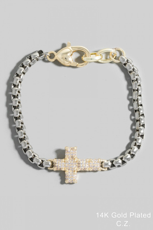 Gold Dipped Cz Pave Two Tone Chain Bracelet