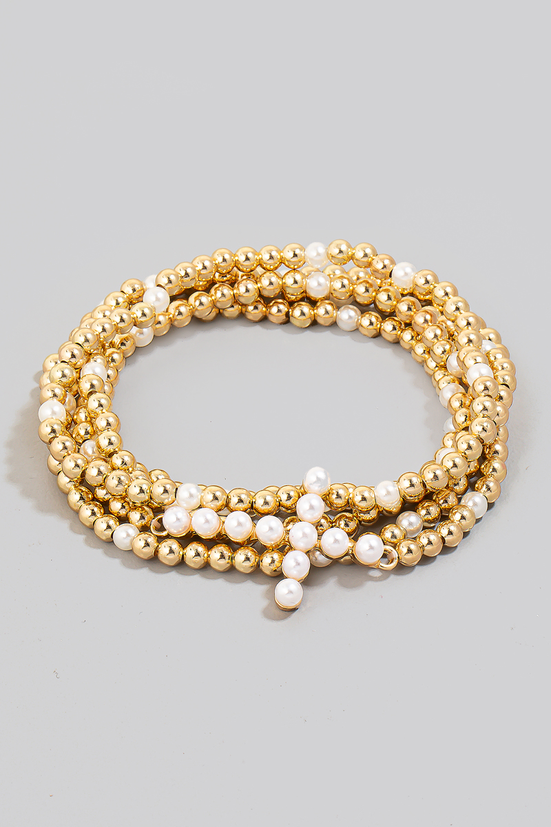 Pearl Beaded Cross Layered Bracelet Set