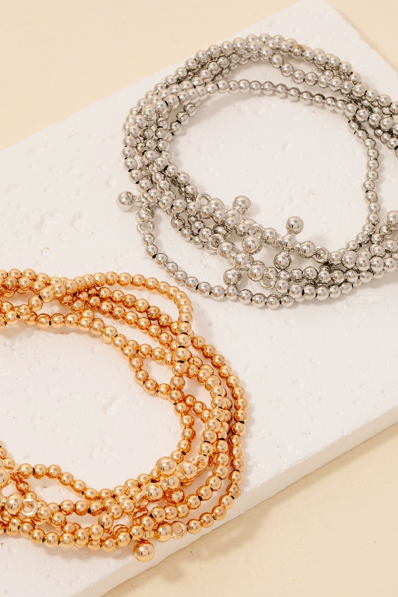 Metallic Bead Cross Charms Layered Bracelet Set