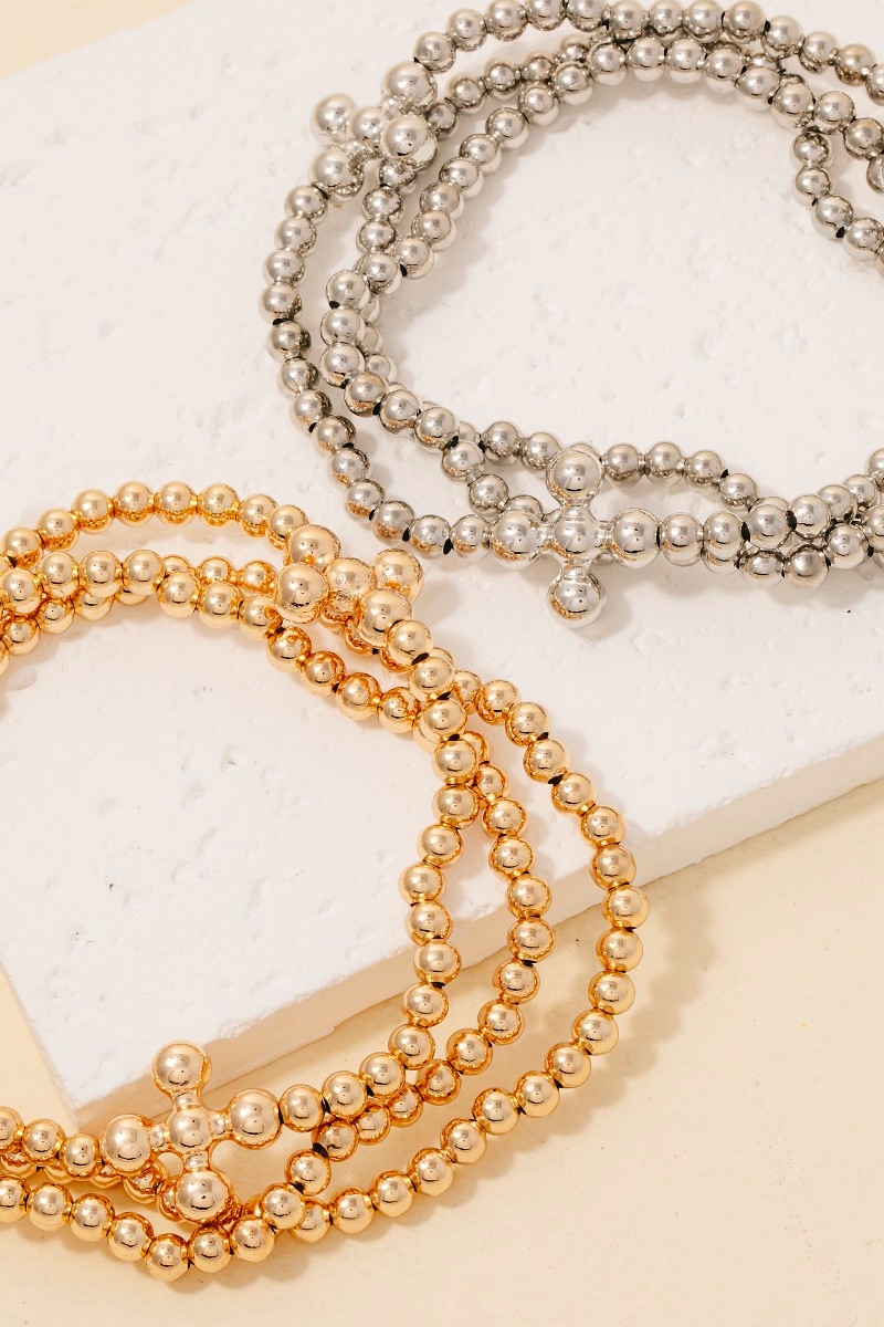 Large Metallic Bead Cross Charms Layered Bracelet Set