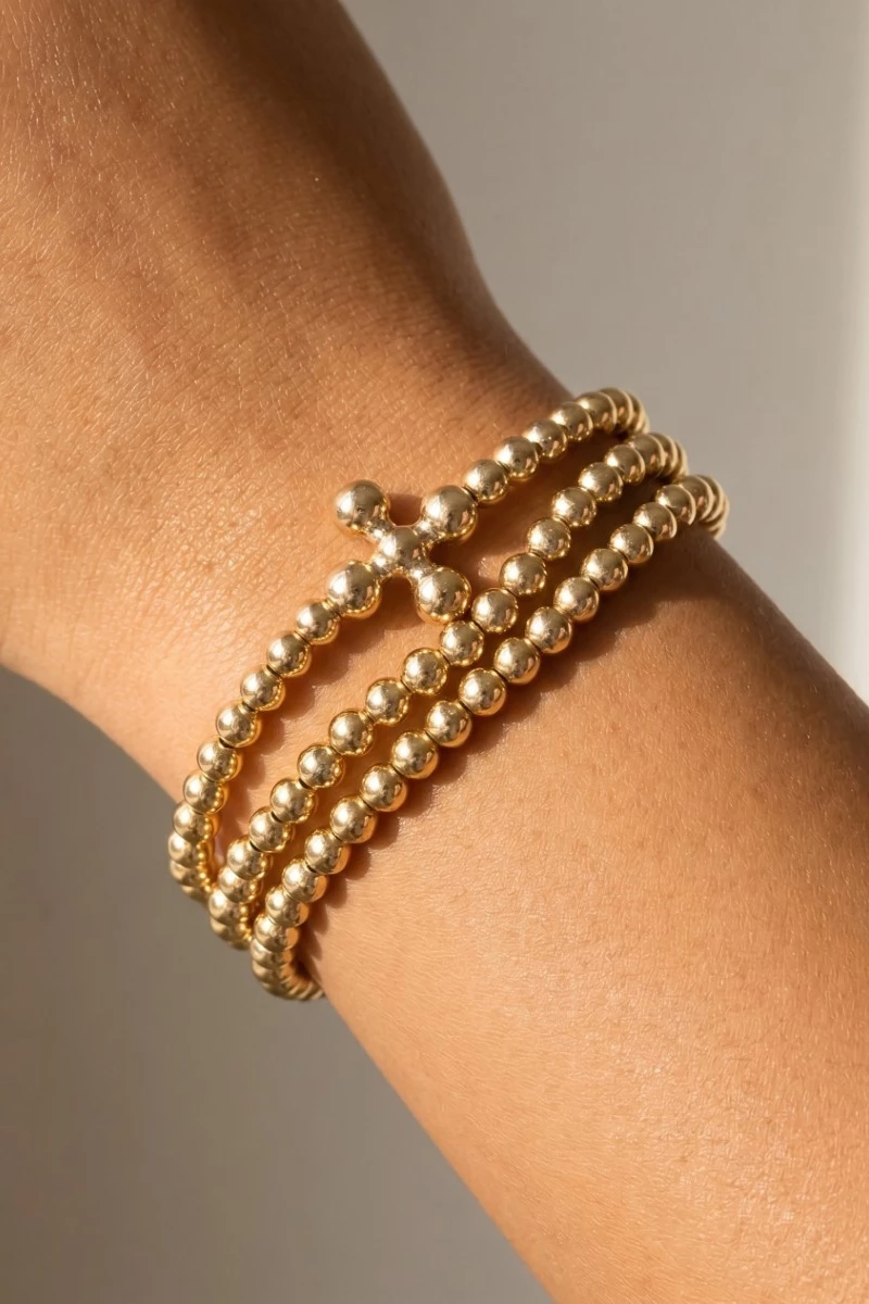Large Metallic Bead Cross Charms Layered Bracelet Set