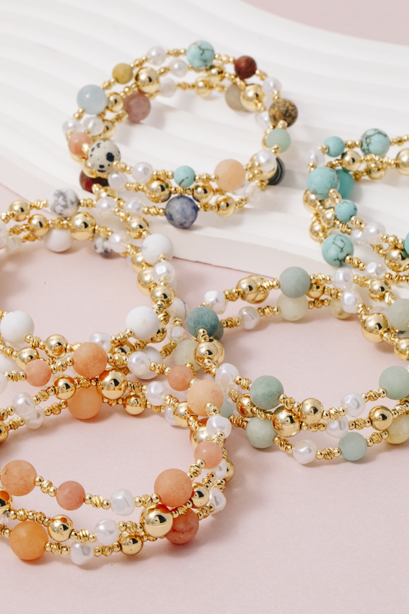 Stone Metallic And Pearl Beaded Bracelet Set