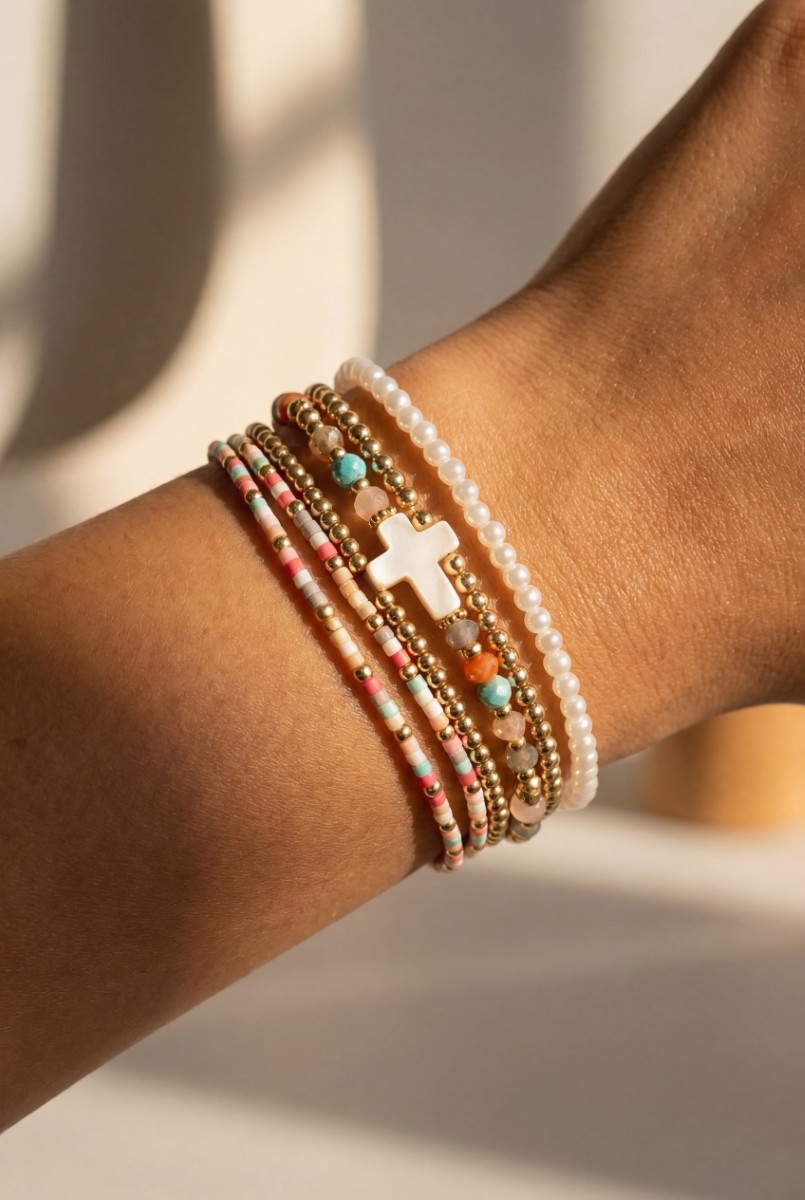Sea Shell Cross Charm Mixed Mini Beaded Bracelet Set