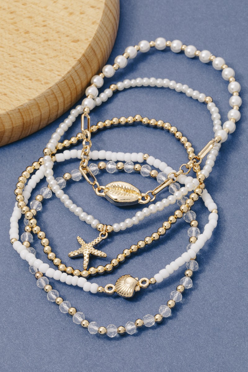Starfish And Cowrie Shell Mixed Pearl Beaded Bracelet