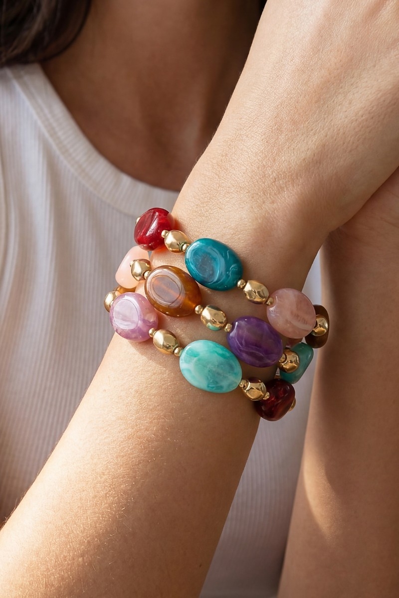 Irregular Marble Resin And Metallic Beaded Bracelet Set