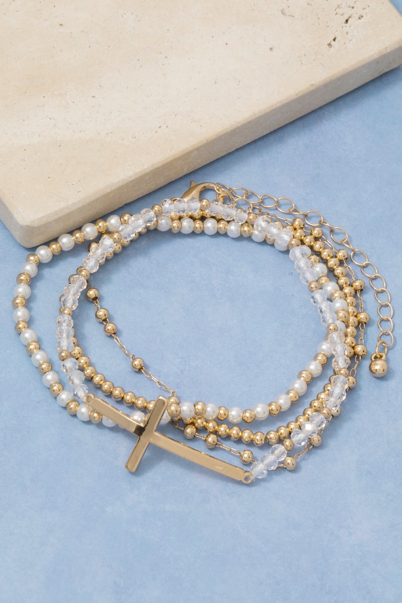 Cross Charm Pearl And Metallic Beaded Bracelet