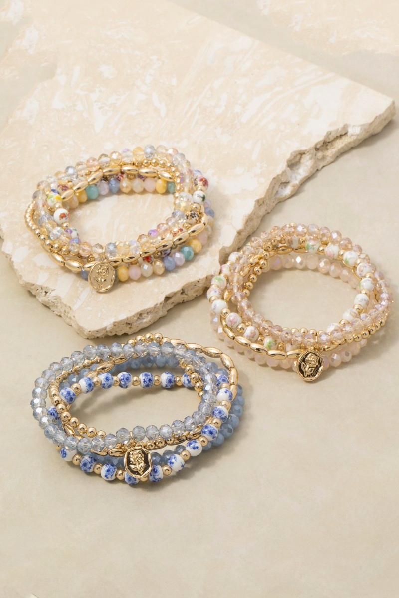 Floral Ceramic And Mixed Beaded Bracelet Set