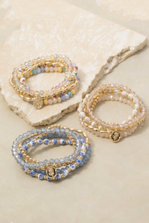 Floral Ceramic And Mixed Beaded Bracelet Set