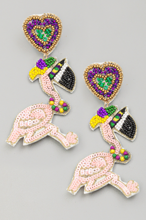 Beaded Flamingo Mardi Gras Drop Earrings