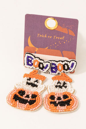 Beaded Jack O Lantern Boo Halloween Earrings