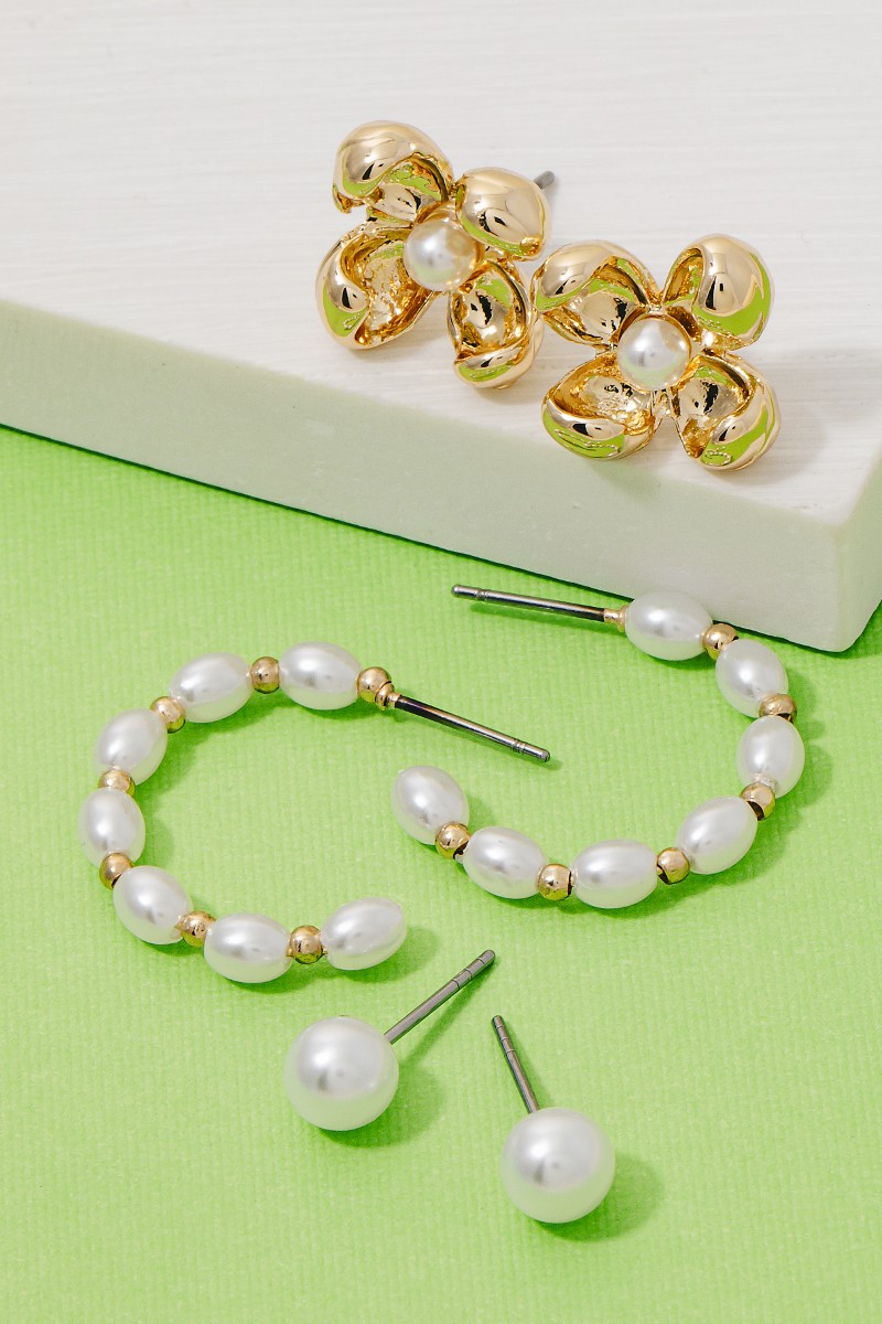 Pearl Beads Flower Stud And Hoop Earrings Set