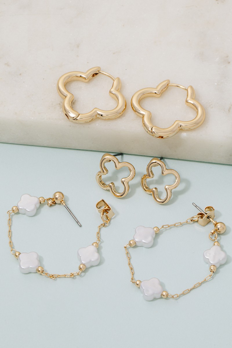 Clover And Pearls Hoop And Stud Earrings Set