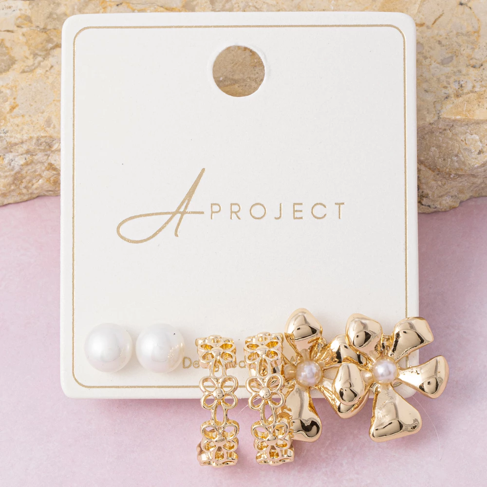Pearl Flower Three Pair Earring Set