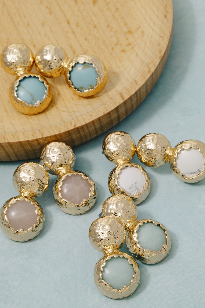 Hammered Dome And Stone Stud Dangle Earrings