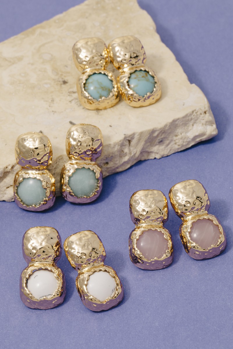 Hammered Square And Stone Stud Dangle Earrings