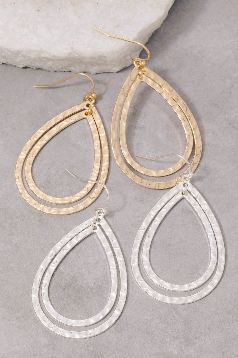 Hammered Layered Double Tear Dangle Earrings