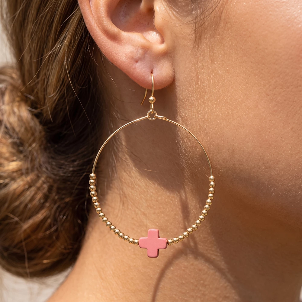 Beaded Wire Hoop Earrings With Stone Cross