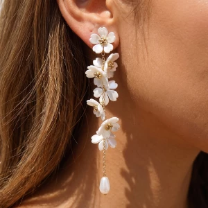 Pearlized Flower Cluster Linear Drop Earrings
