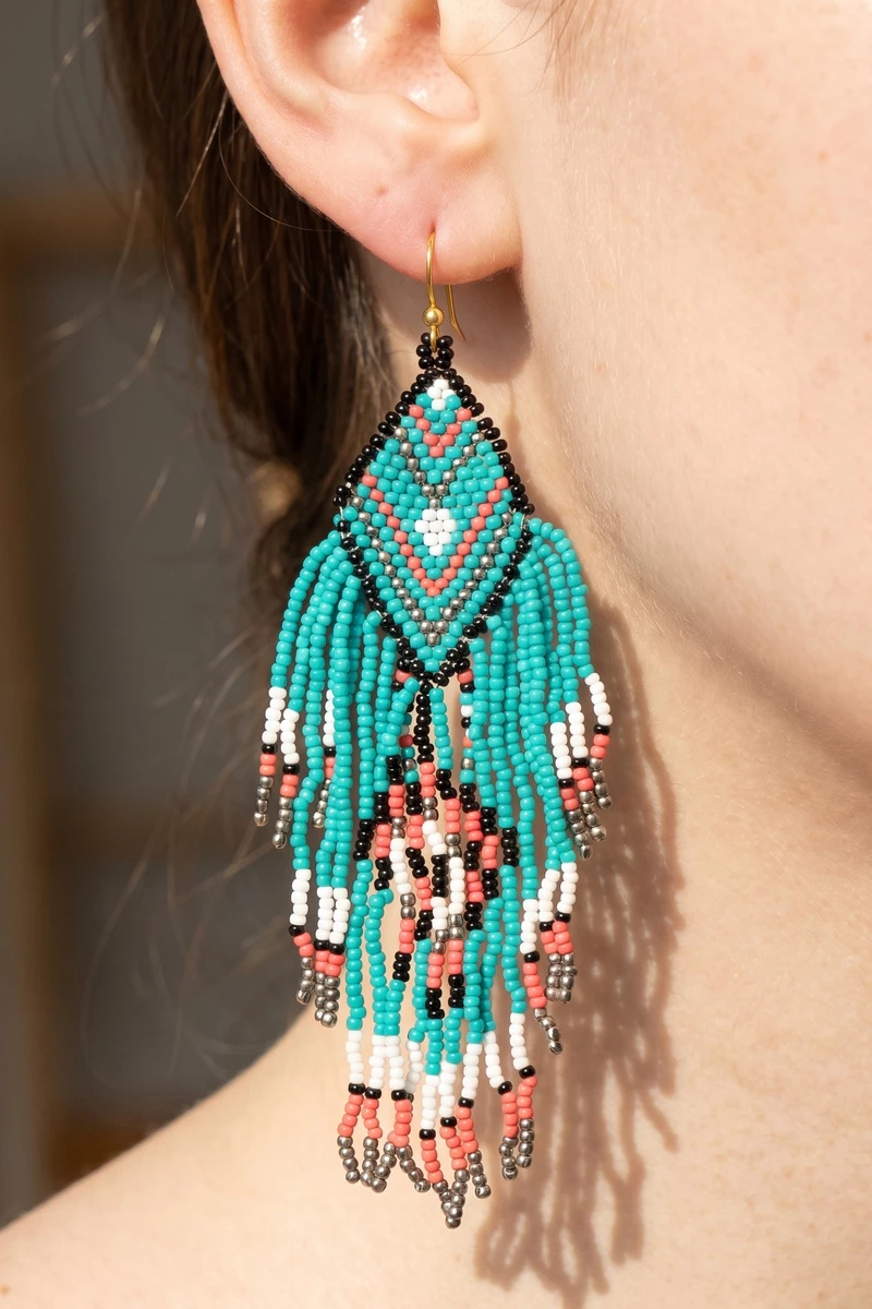 Seed Bead Chevron Fringe Drop Earrings