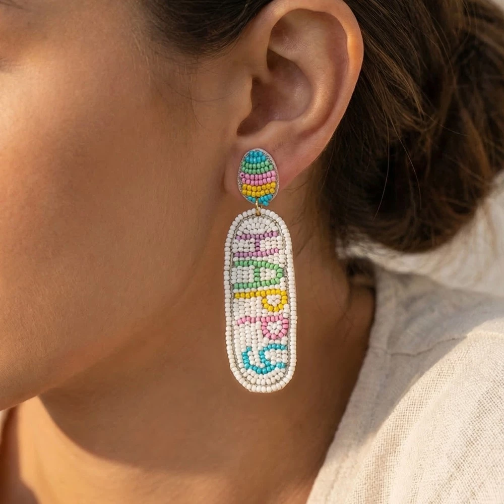 Seed Beaded Happy Easter Earrings