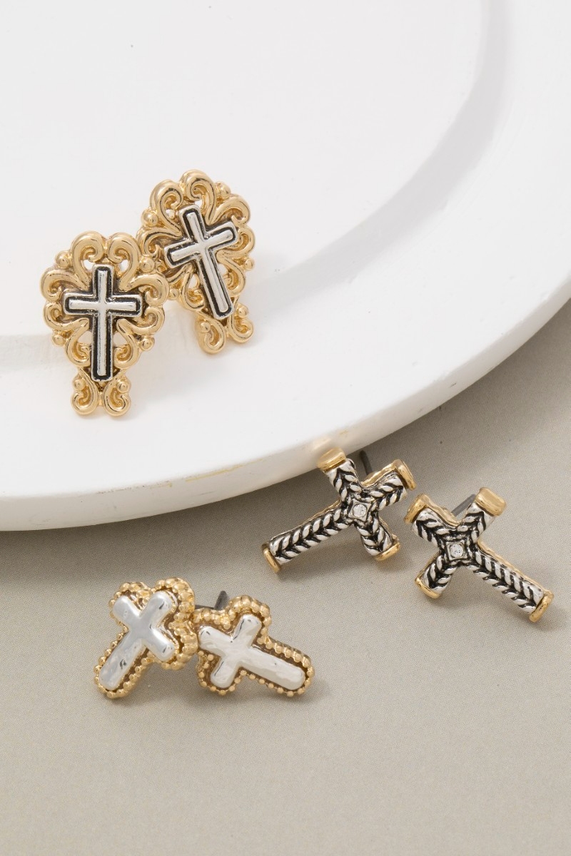Assorted Intricate Cross Stud Earrings Set