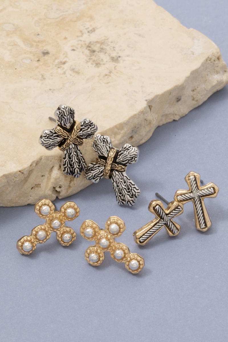 Mixed Intricate Cross Stud Earrings Set