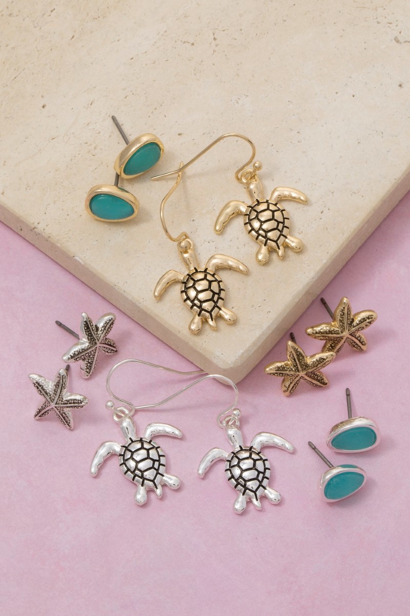 Sea Life And Blue Oval Gem Stud Earrings Set