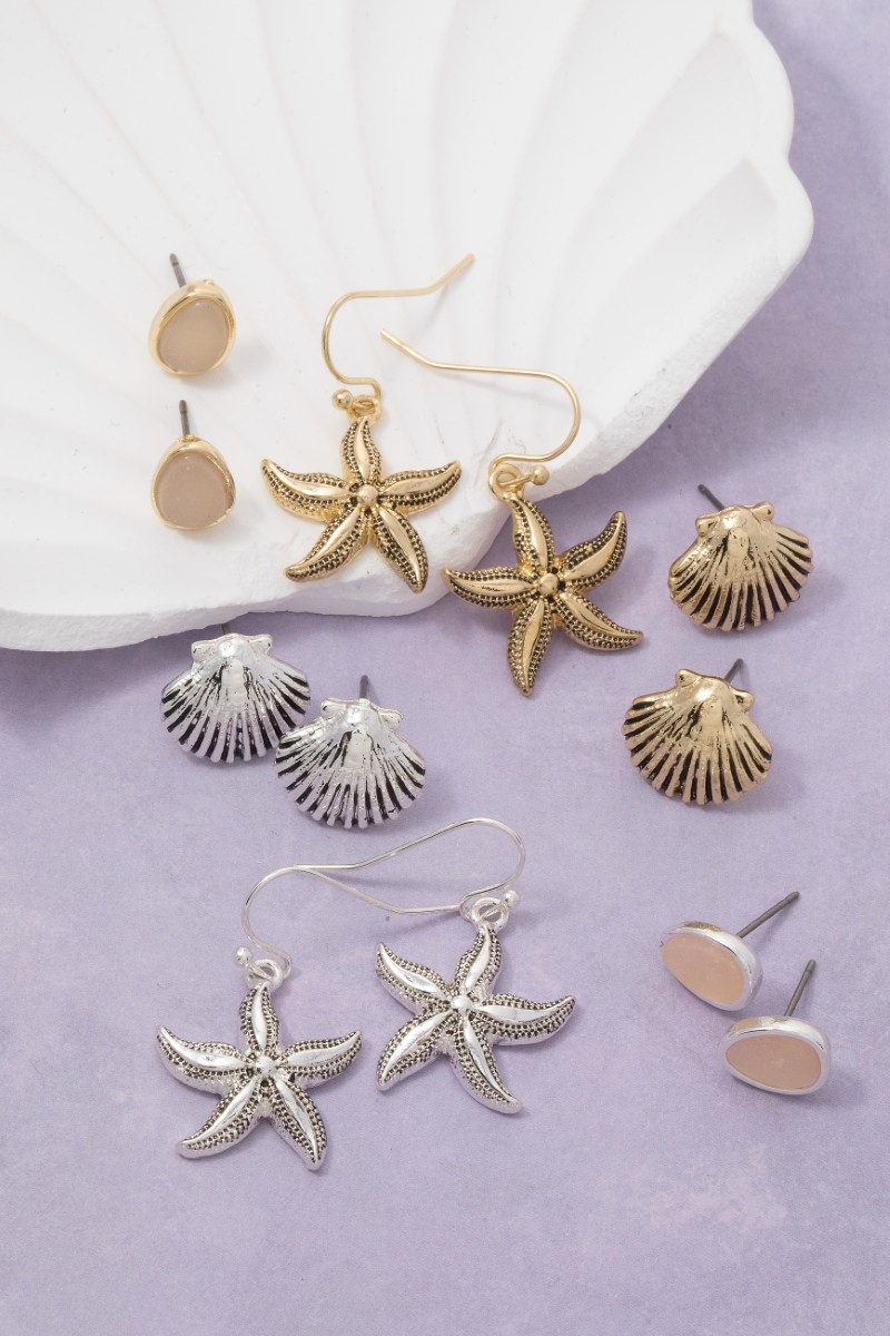 Sea Life And Pink Oval Gem Stud Earrings Set