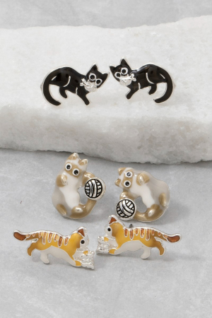 Enamel Cat Trio Stud Earring Set