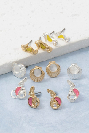 Seahorse Shell Mermaid Stud Earrings Set