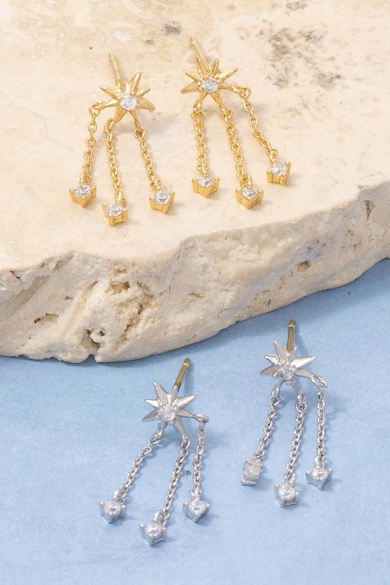 Starburst Cz Stud Triple Chain Drop Earrings