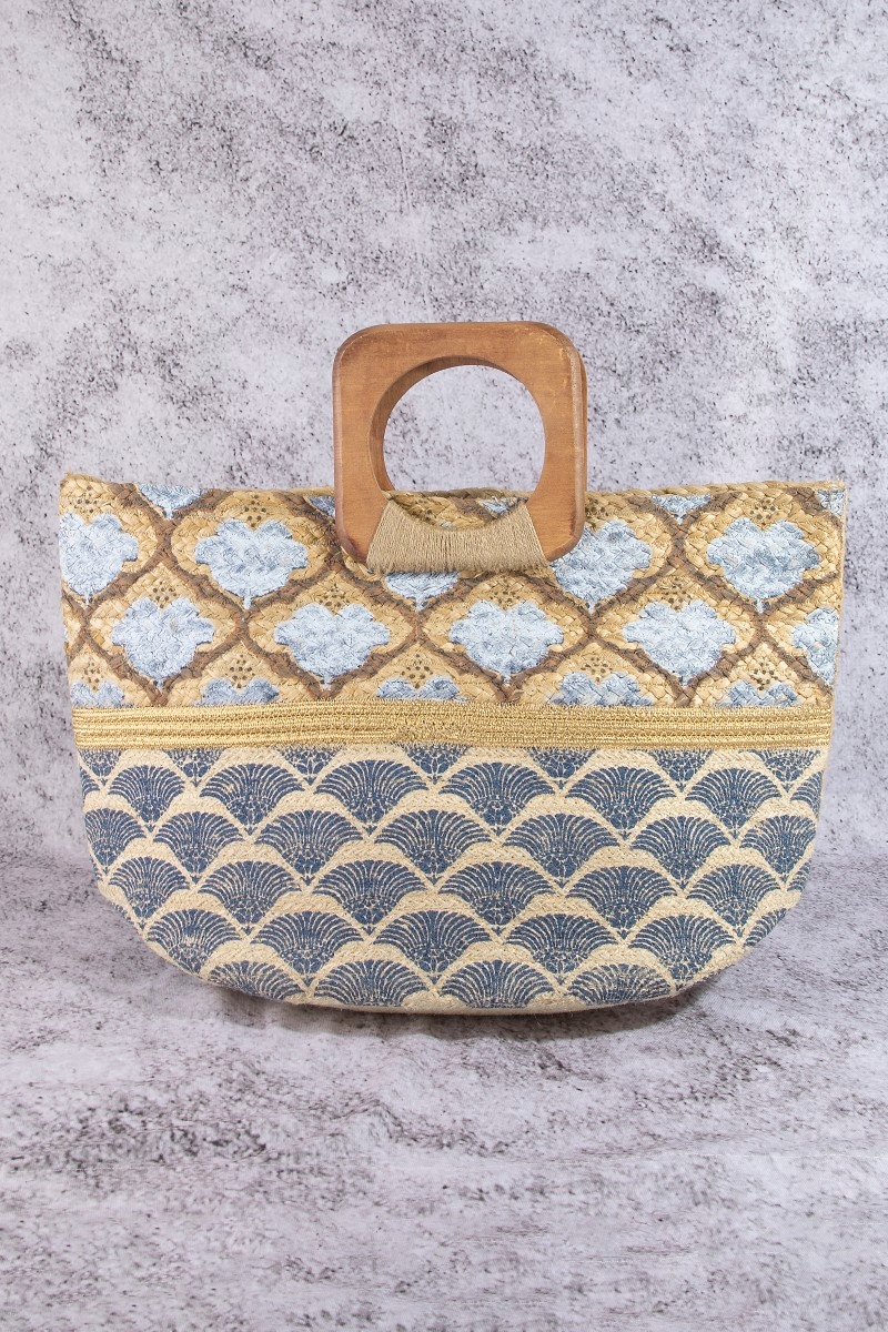 Blue And Gold Print Woven Wooden Handle Tote Bag