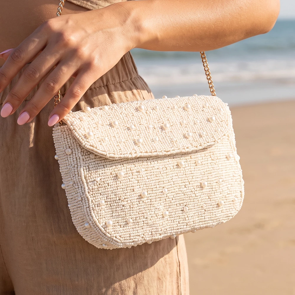 Seed Bead And Pearl Accent Chain Strap Crossbody Bag