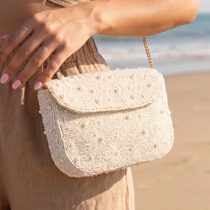 Seed Bead And Pearl Accent Chain Strap Crossbody Bag