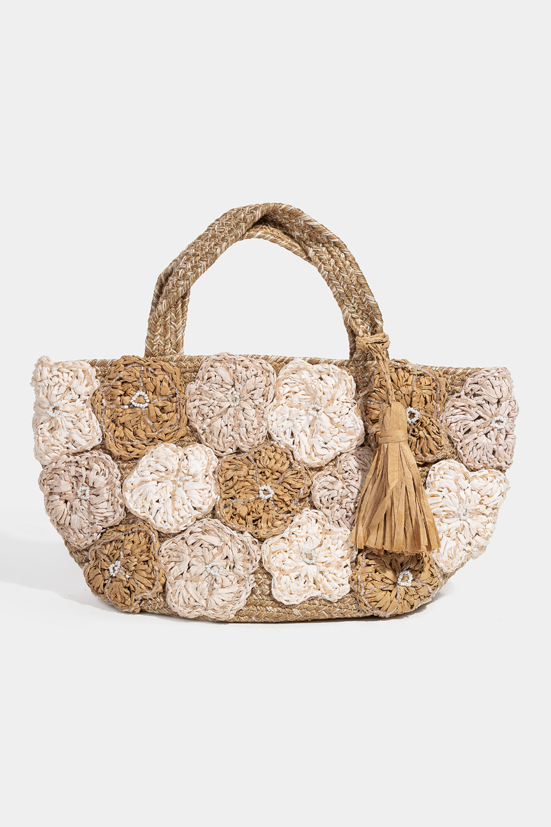 Intricate Floral Jute Knit Tote Bag