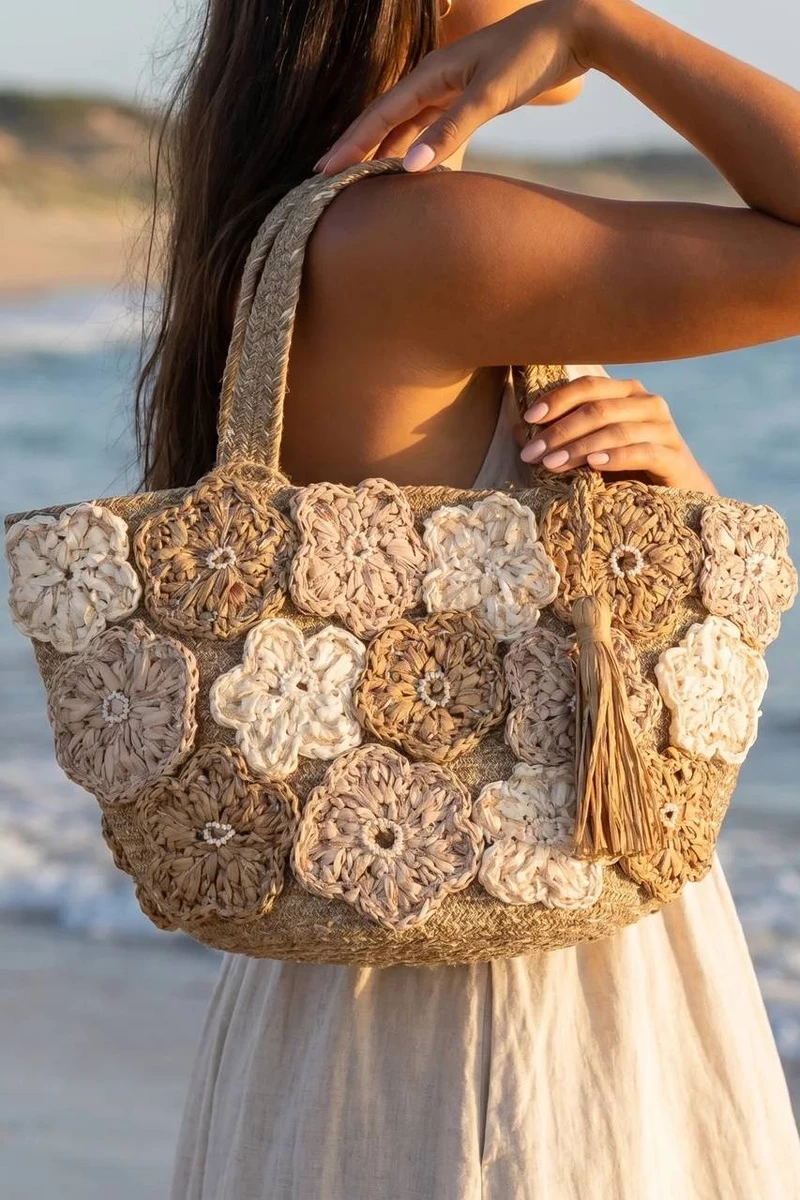 Jute Straw Crochet Flower Applique Tote Bag