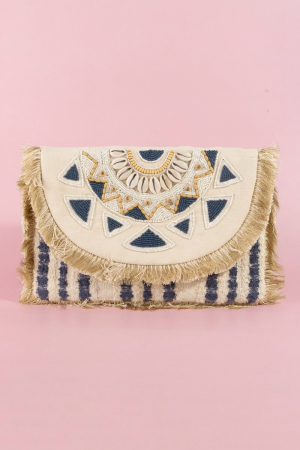 Beaded Fringe Trim Mandala Clutch Bag