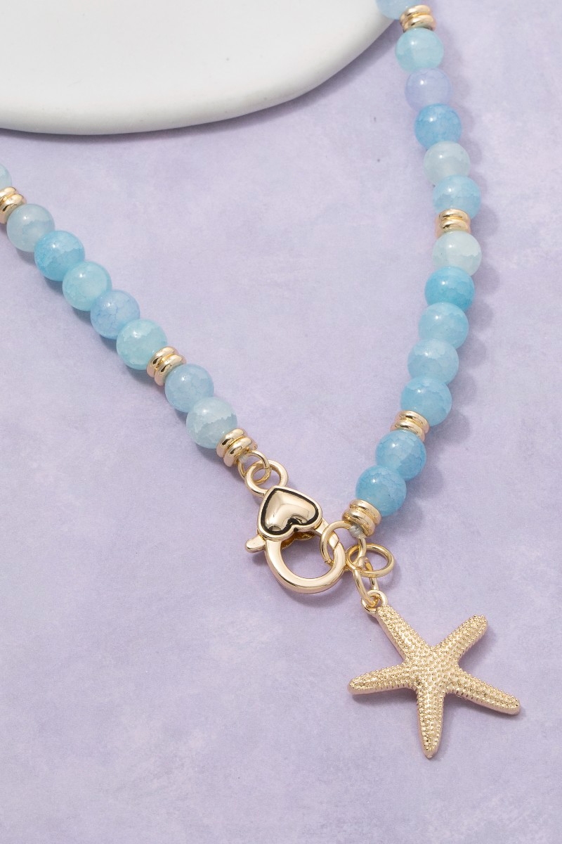 Starfish Charm And Heart Clasp Glass Beaded Necklace