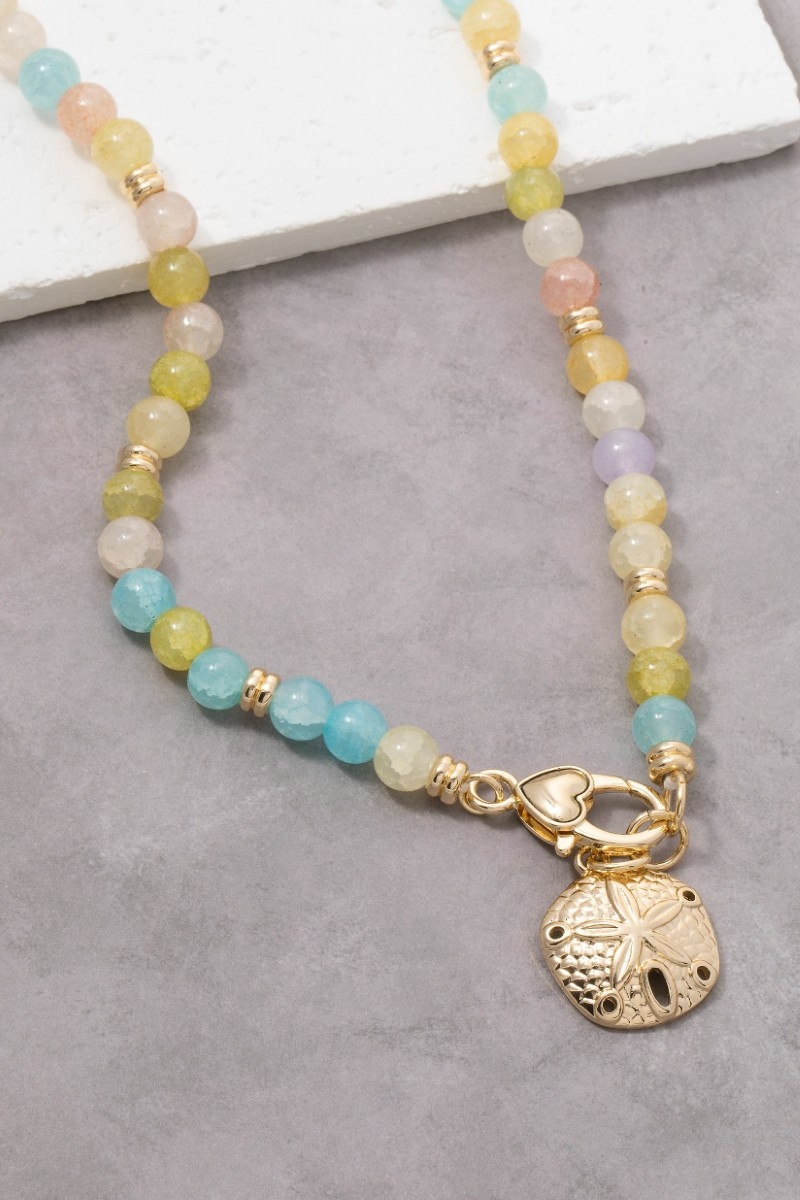 Sand Dollar Charm And Heart Clasp Glass Beaded Necklace