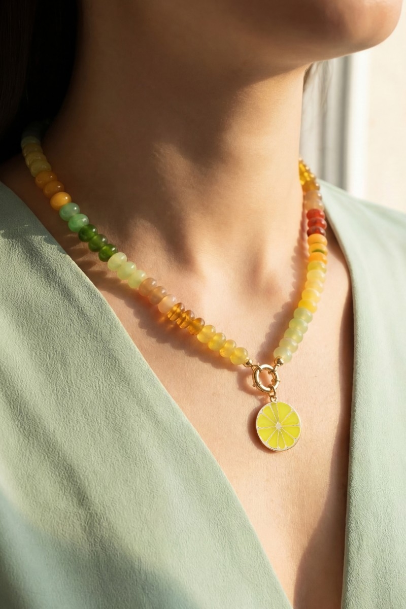 Lemon Slice Fruit Pendant Mixed Beaded Necklace