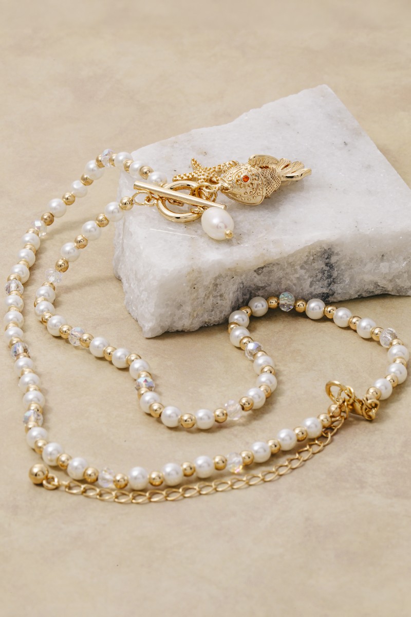 Mixed Sea Life Pendants Toggle Chain Pearl Beaded Necklace