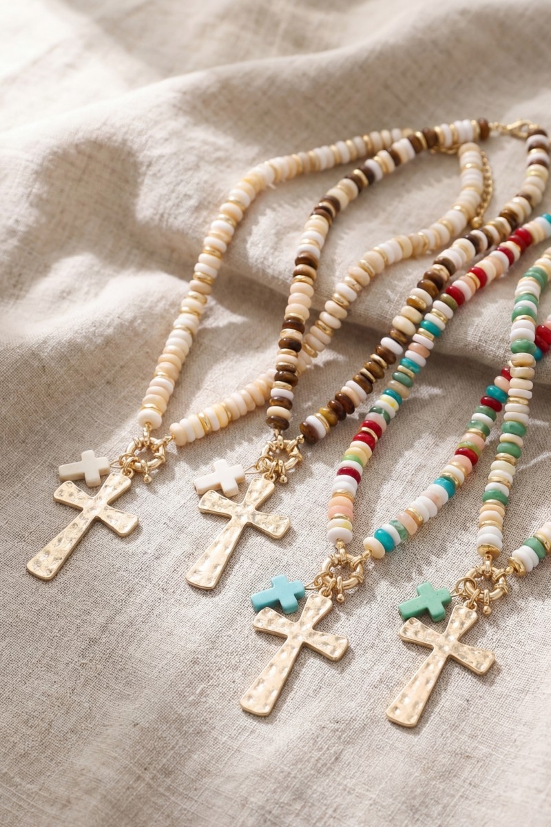 Acrylic Disc Beaded Double Cross Pendant Necklace